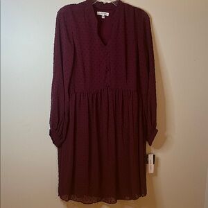 Sandra Darren Burgundy Long Sleeve Dress